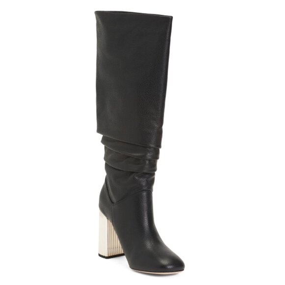 DEE OCLEPPO Black Leather Bethany Knee High Scalloped Heel Boots - Picture 1 of 2